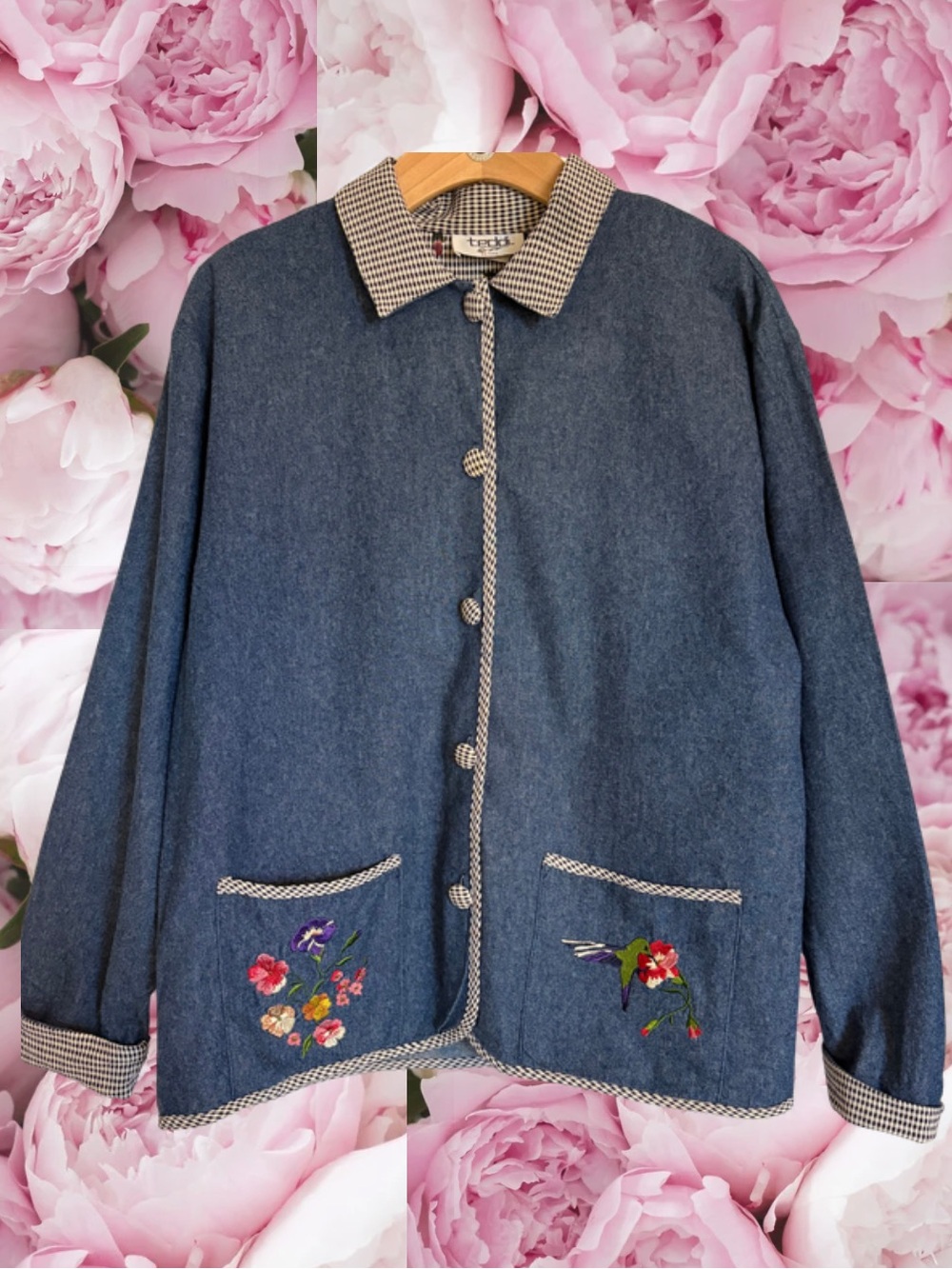 Cottagecore Denim Jacket Checkered Collar Embroidered Pockets Women’s Petite M
